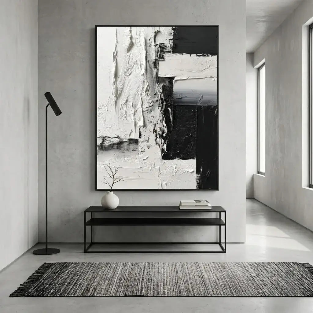 Modern interior with a large abstract black and white painting on a wall, a floor lamp, and a small table with decor items.