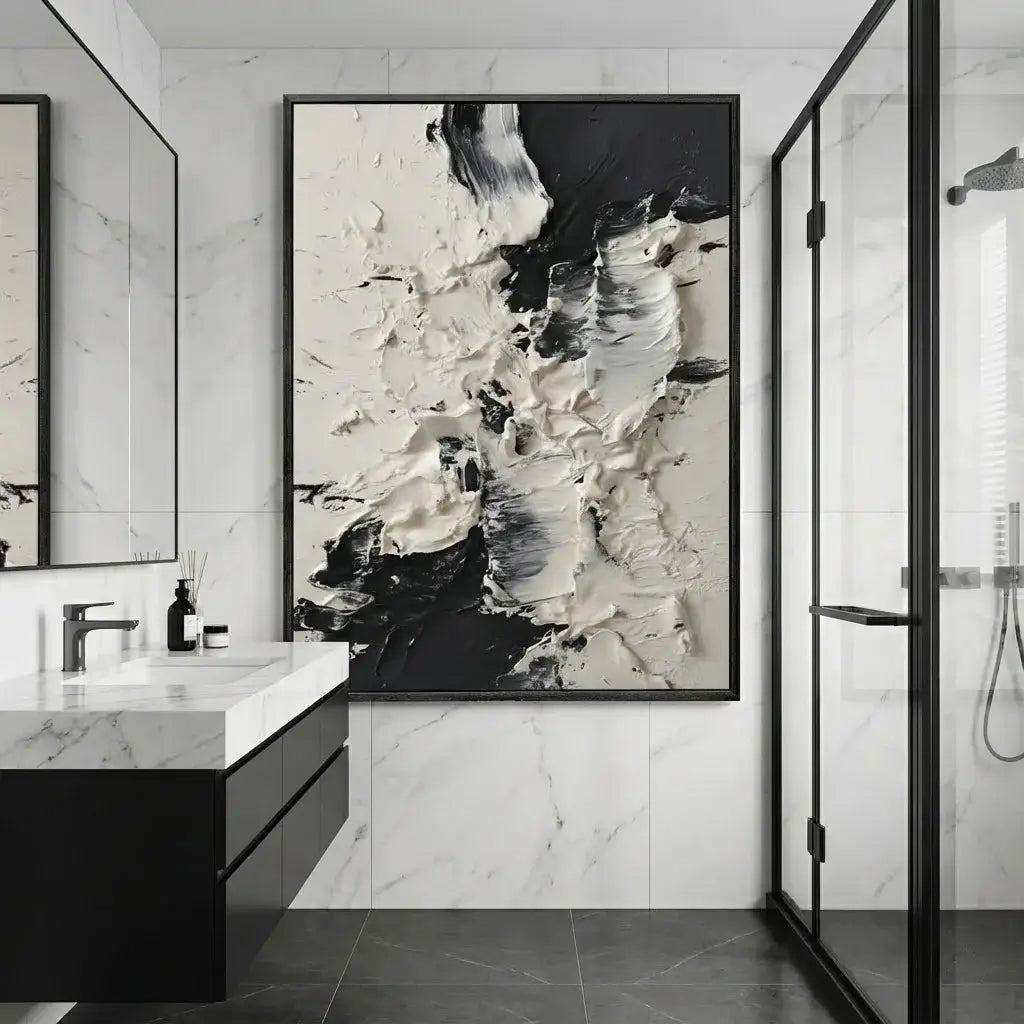 Bathroom with abstract art on the wall