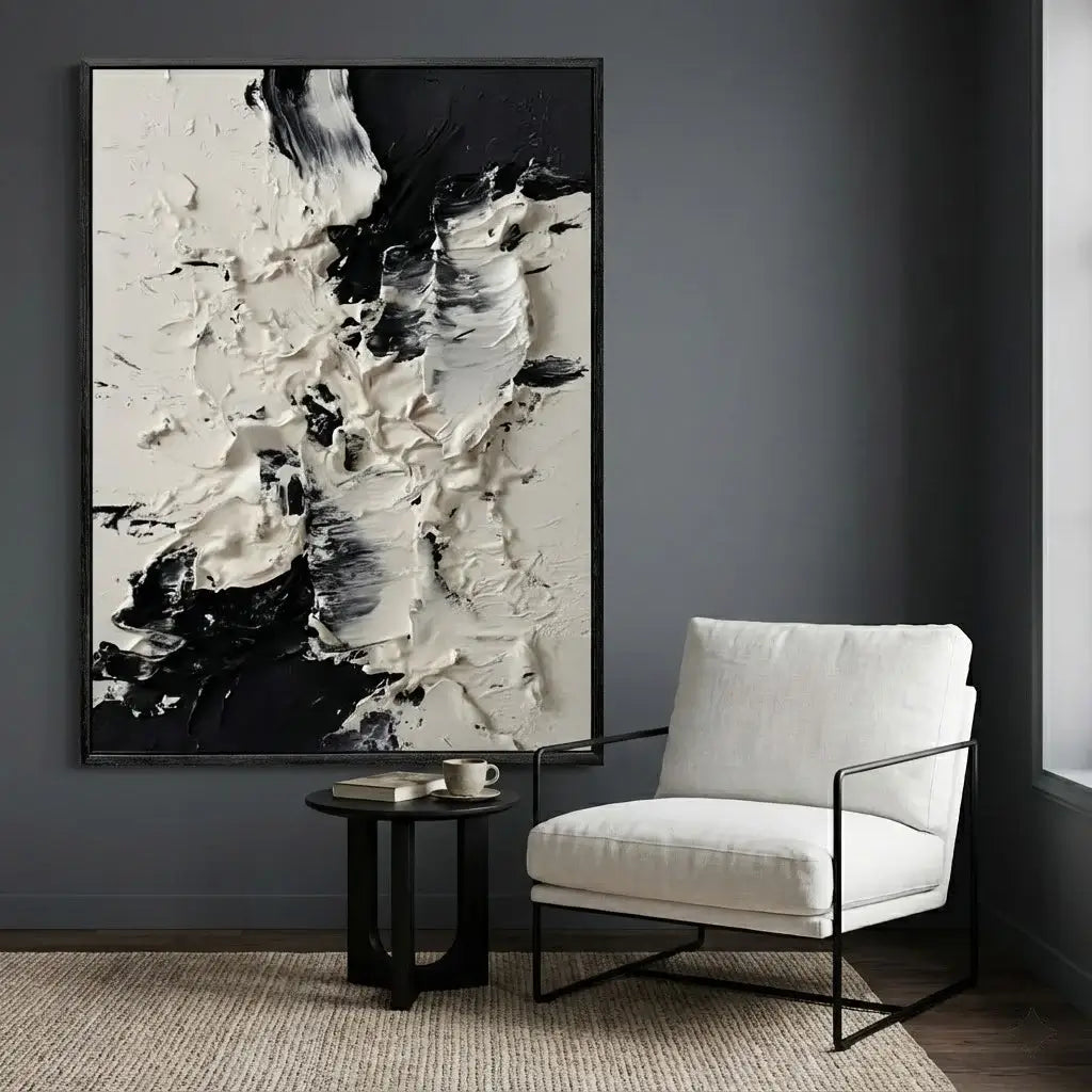 Modern interior with abstract art and a white chair.