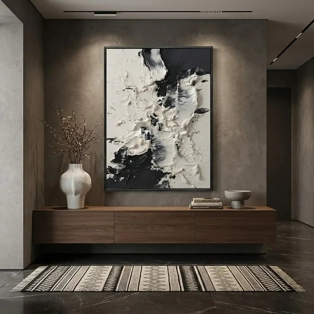 Modern interior with abstract art on a wall above a wooden console table.