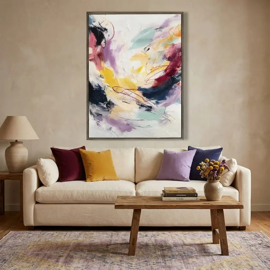 Living room with a beige sofa, colorful abstract painting, and decorative items.