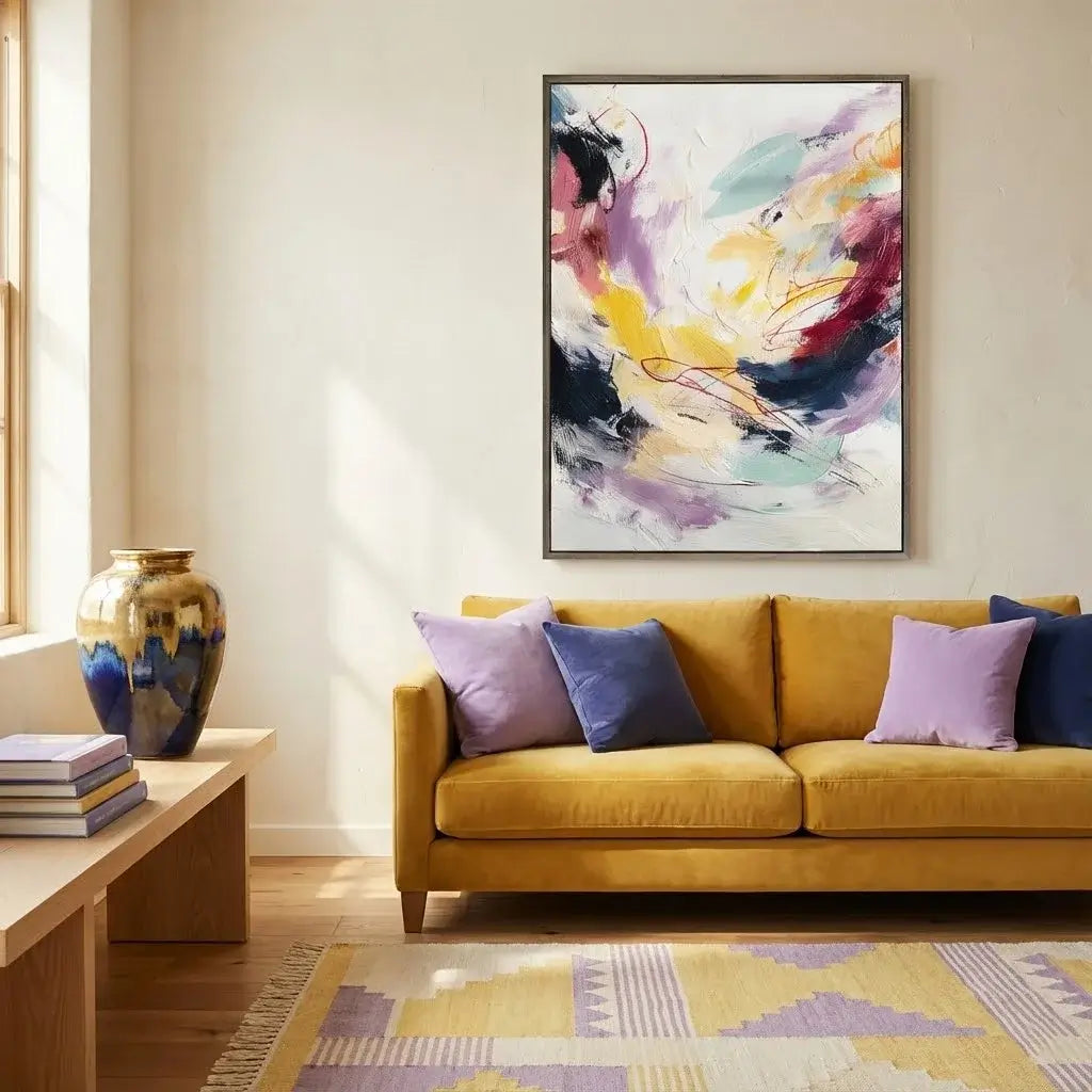 Living room with a mustard yellow sofa, colorful abstract painting, and decorative items.