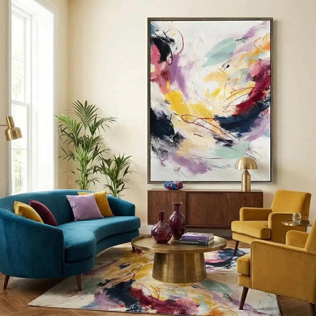 Modern living room with colorful abstract art, furniture, and decor.