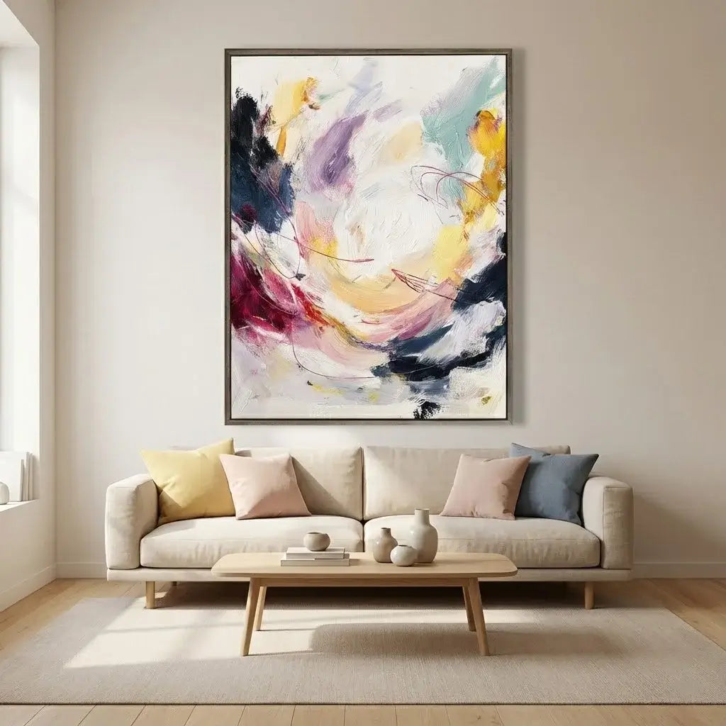 Living room with a beige sofa, colorful abstract painting, and wooden coffee table.