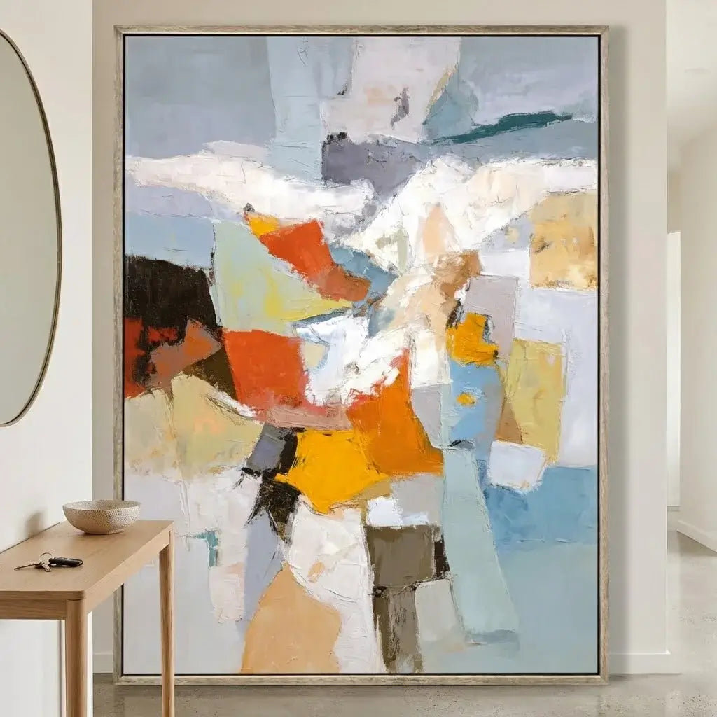 Abstract art painting with colorful abstract design in a modern interior setting.