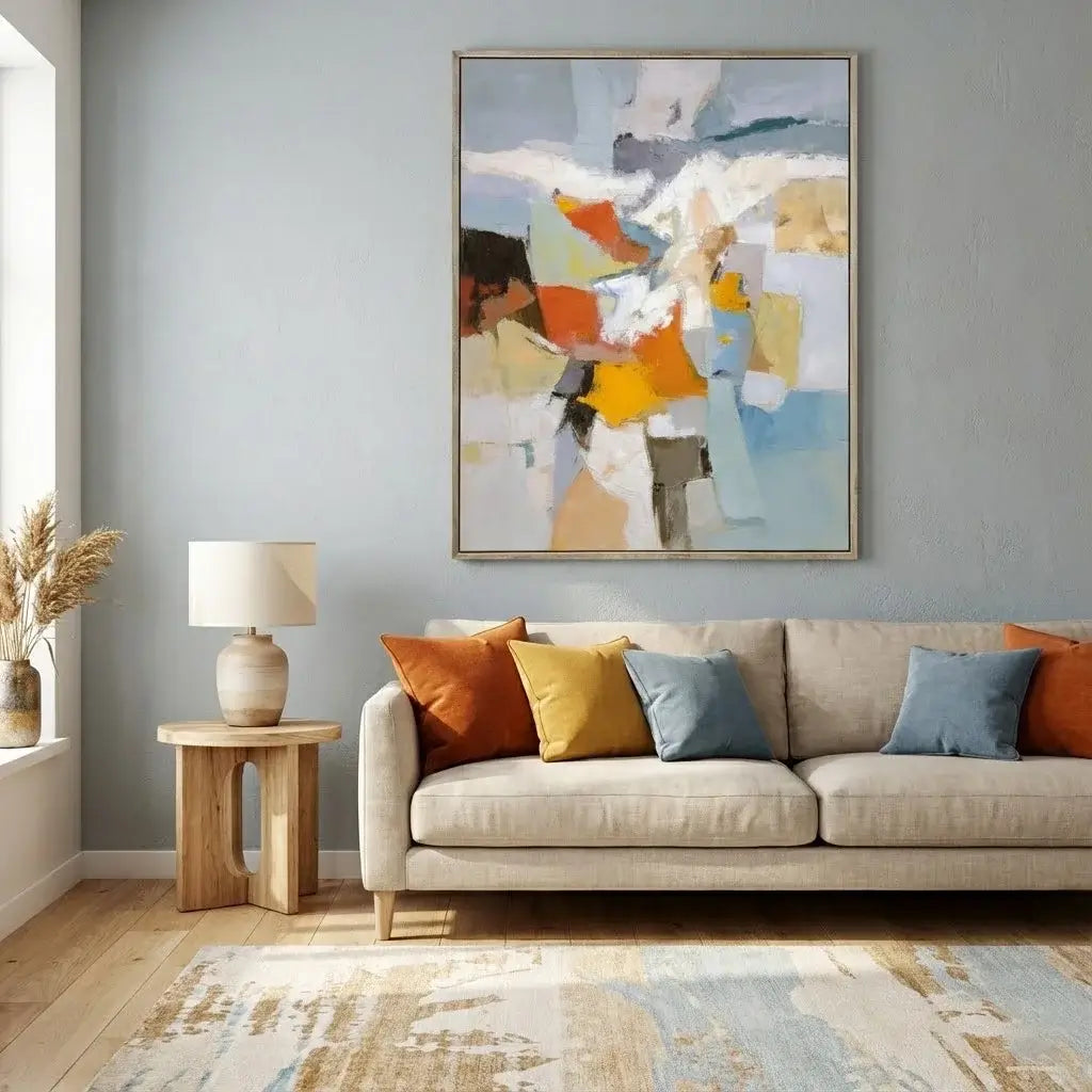 Living room with a beige sofa, colorful pillows, and abstract art on the wall.