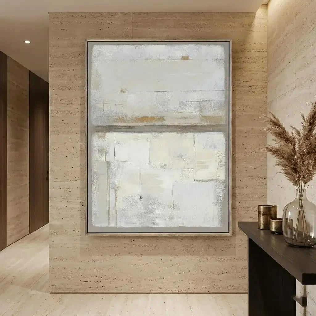 Abstract painting on a textured wall in a modern interior setting