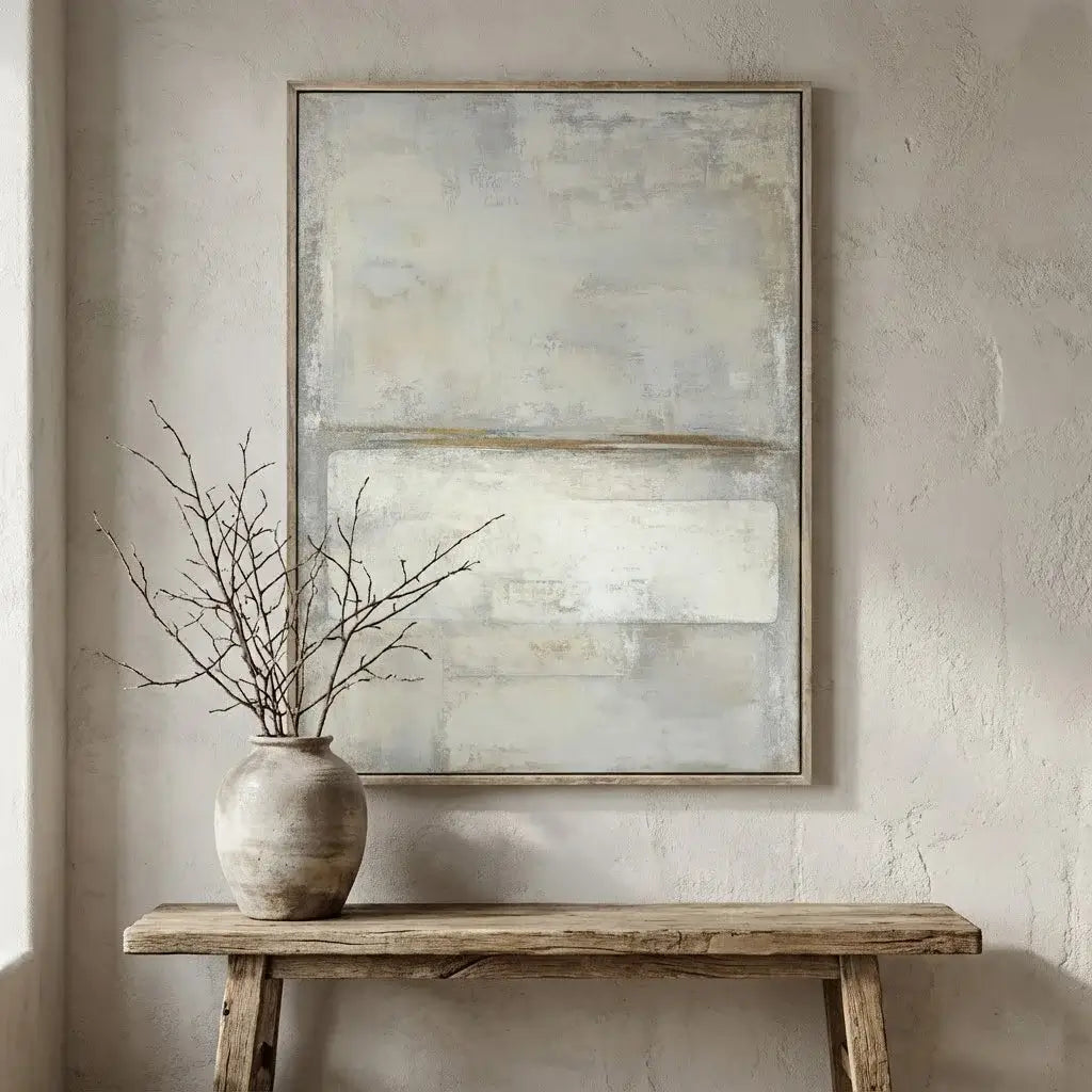 Abstract painting on a wall above a wooden bench with a vase and branches.