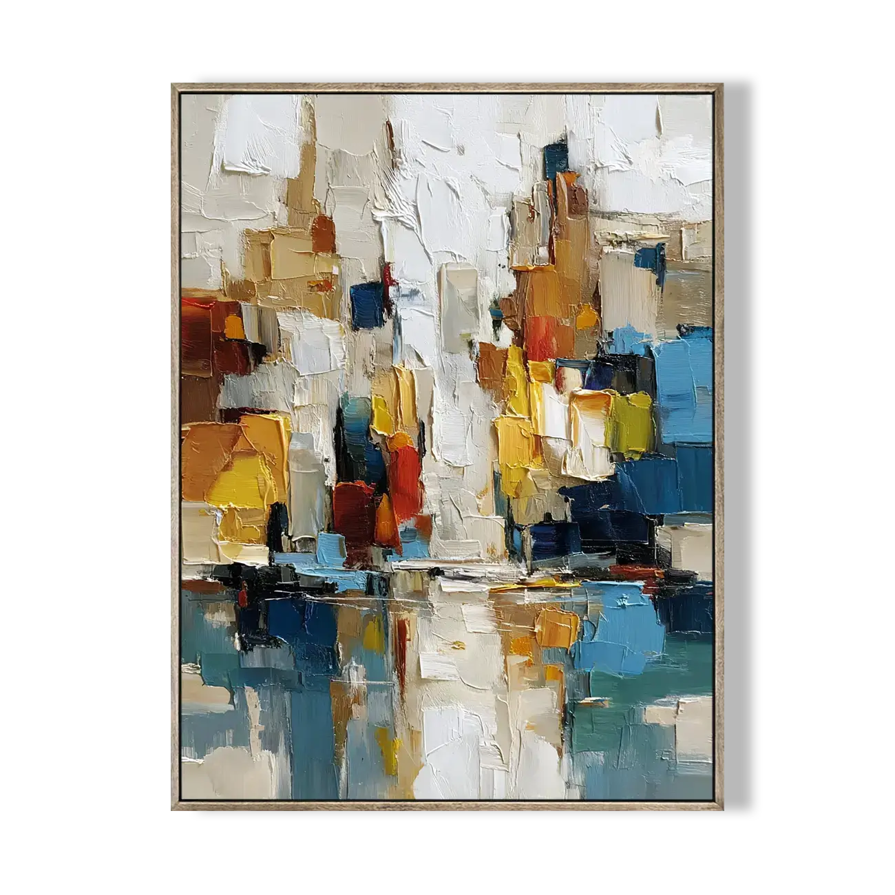 Abstract art piece with colorful geometric shapes on a white background