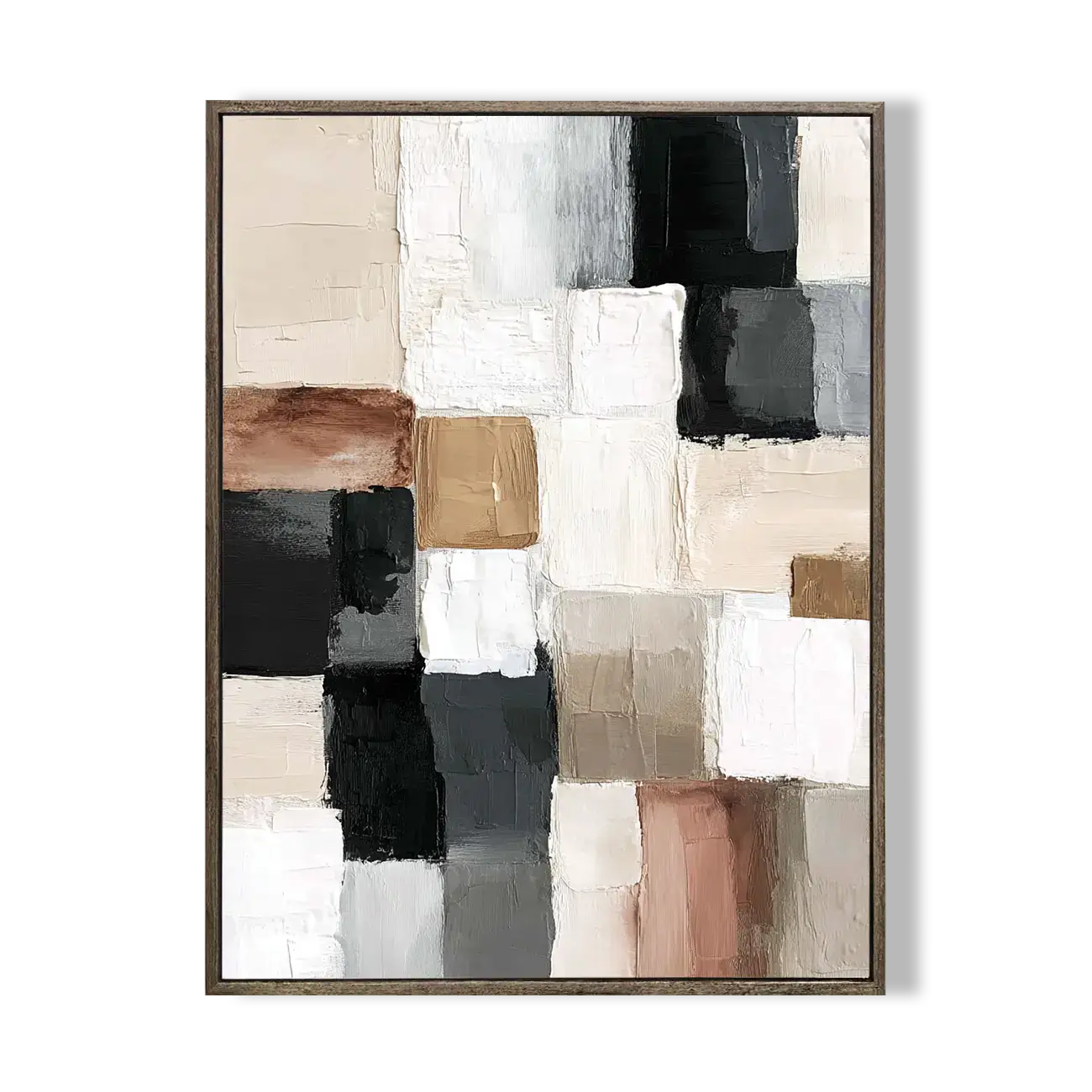 Abstract art piece with geometric shapes in neutral colors on a white background