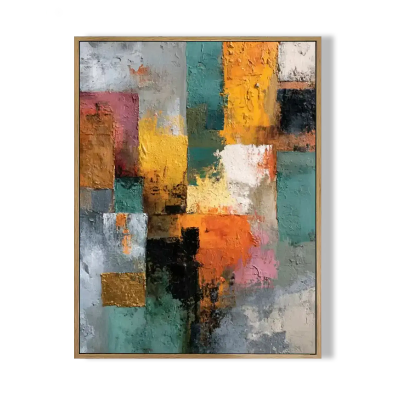 Abstract art painting with colorful blocks on a white background