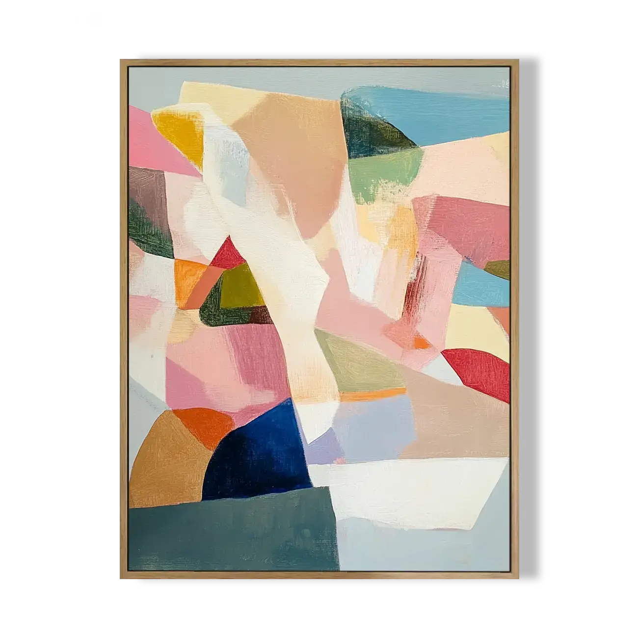 Abstract art piece with colorful geometric shapes in a wooden frame on a white background