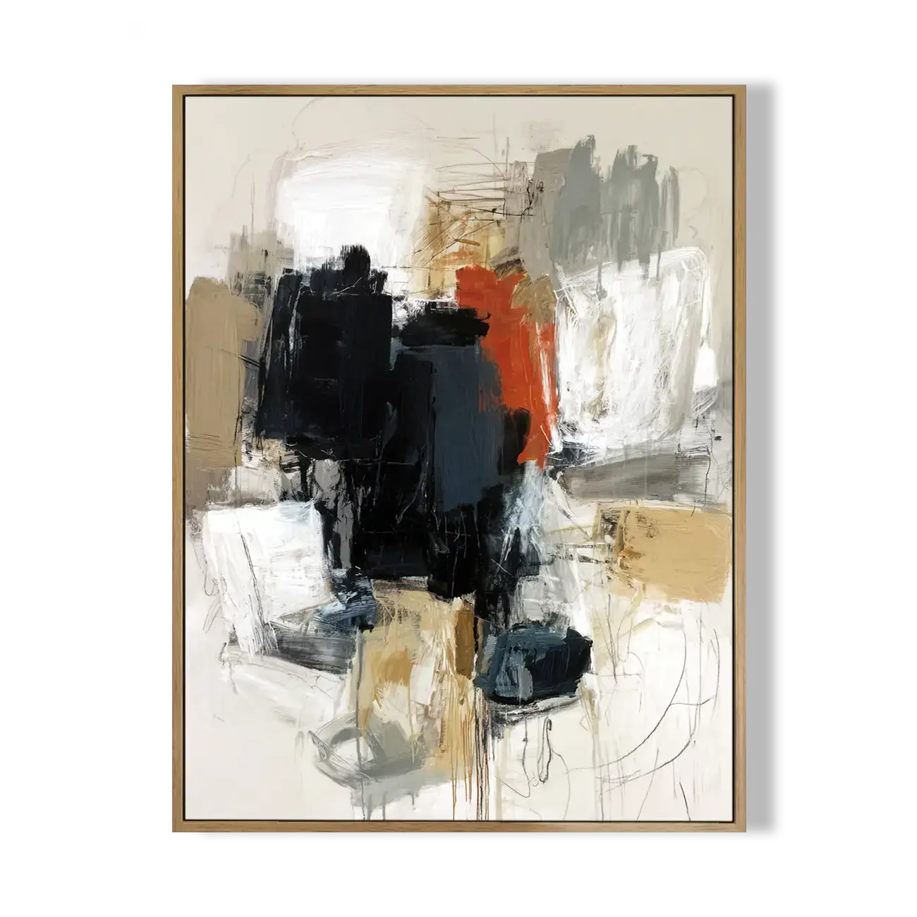 Abstract art painting with black, orange, and gray colors on a white background