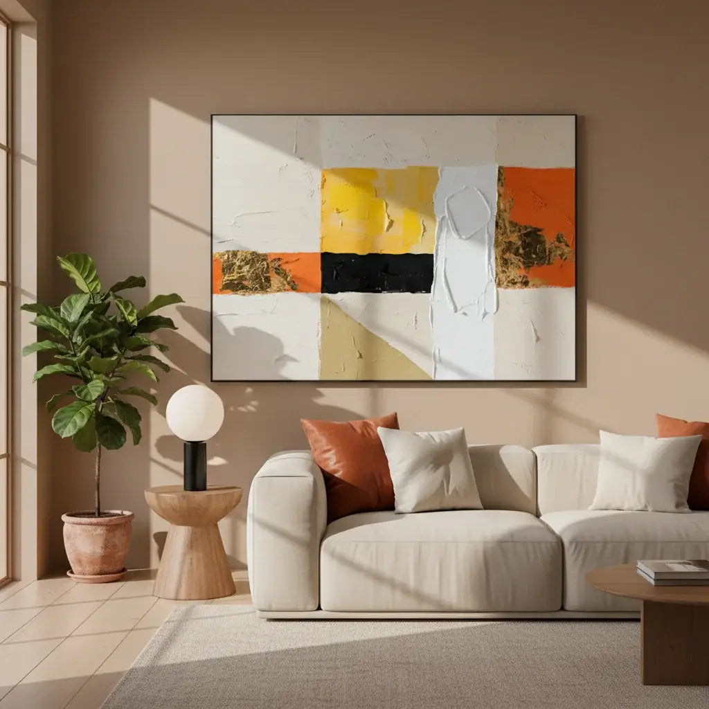 Modern living room with a beige sofa, abstract painting, and decorative items.