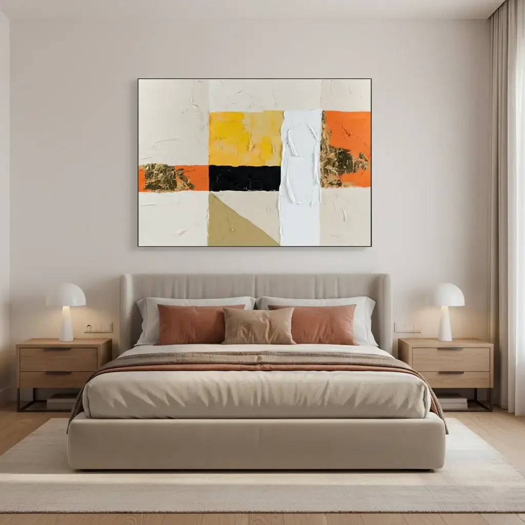 Modern bedroom with a bed, nightstands, and abstract wall art.