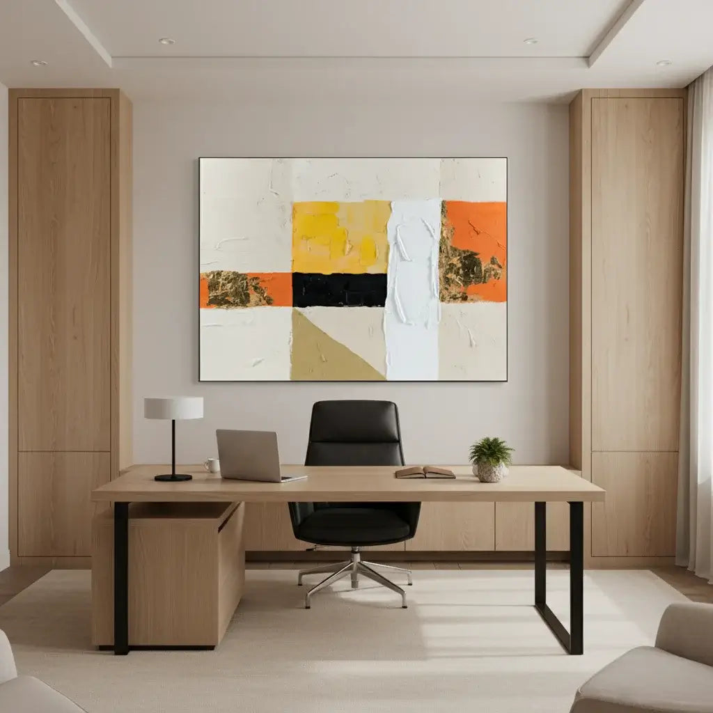 Modern office space with a desk, chair, and abstract painting on the wall.