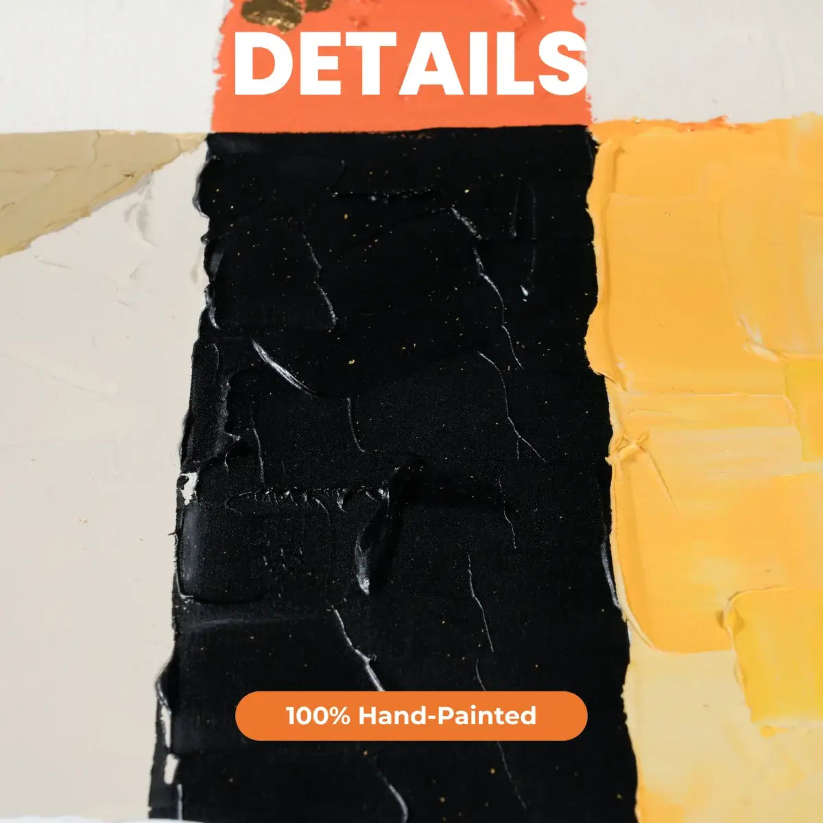 Close-up of a black textured surface with '100% Hand-Painted' text on an orange label against a multicolored background.