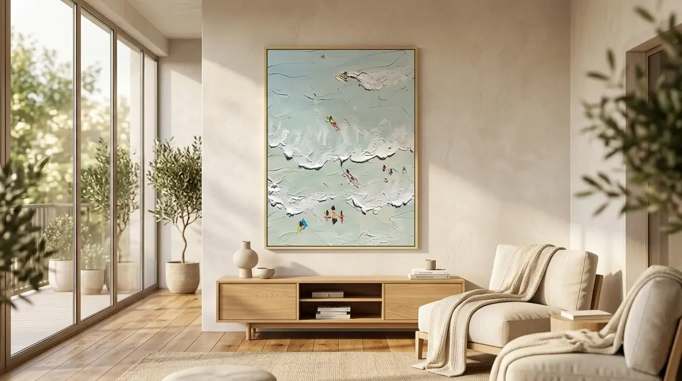 Modern living room with a large abstract painting on the wall, a sofa, and a wooden cabinet.
