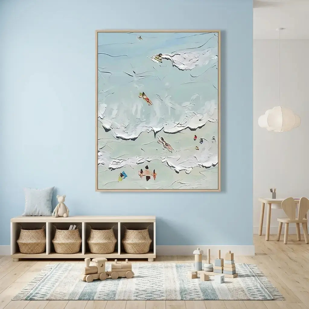 Living room with a large abstract painting on a light blue wall, wooden floor, and minimal decor.