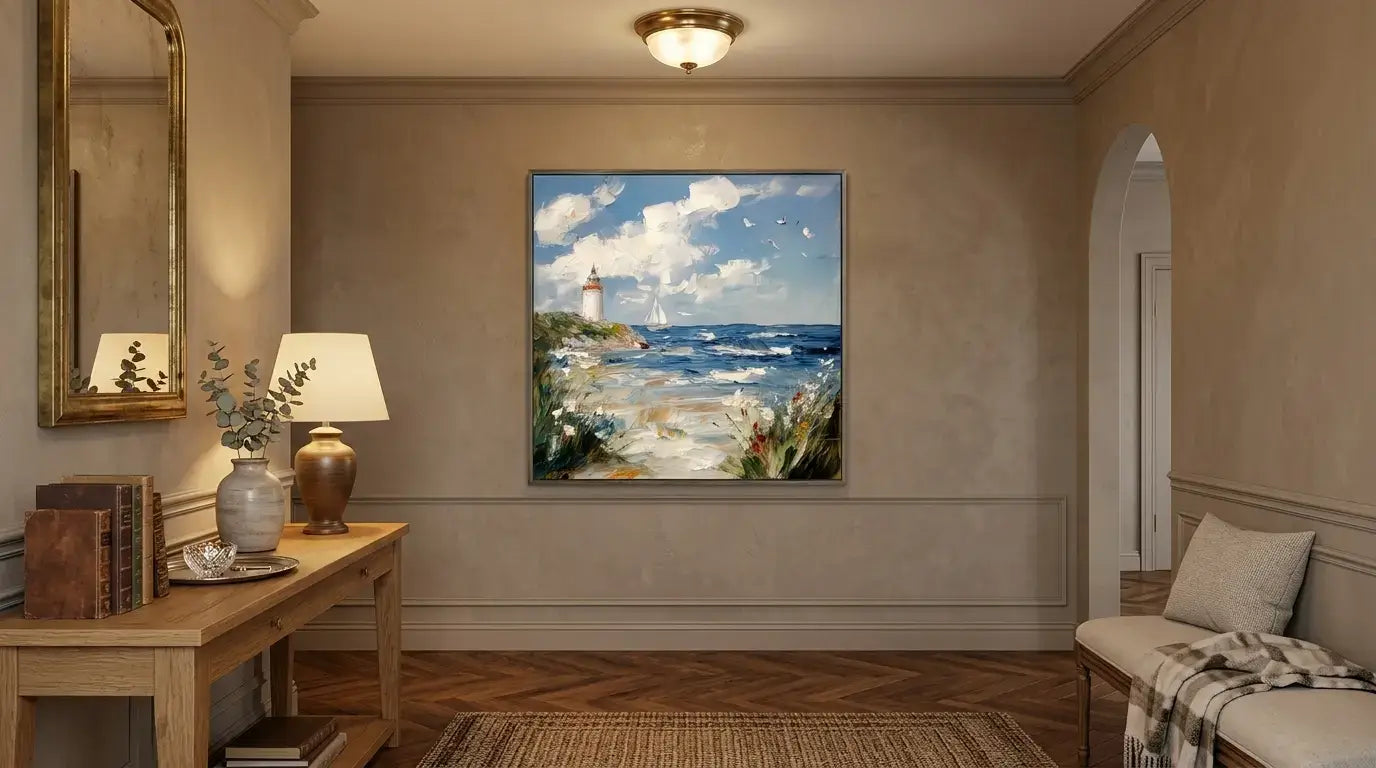 Living room with a painting of a lighthouse on a wall, a lamp, and a mirror.
