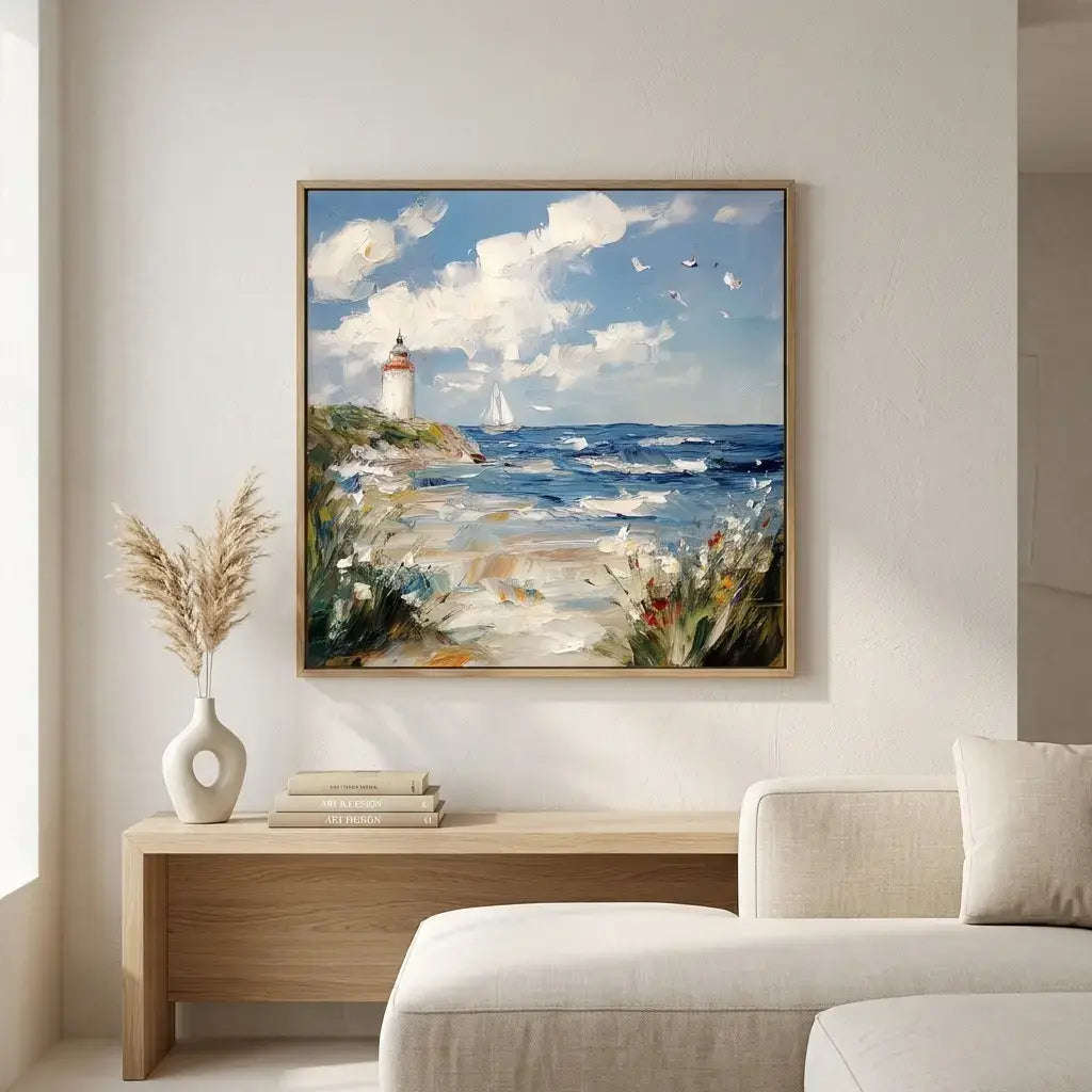 Framed painting of a lighthouse by the sea in a living room setting.