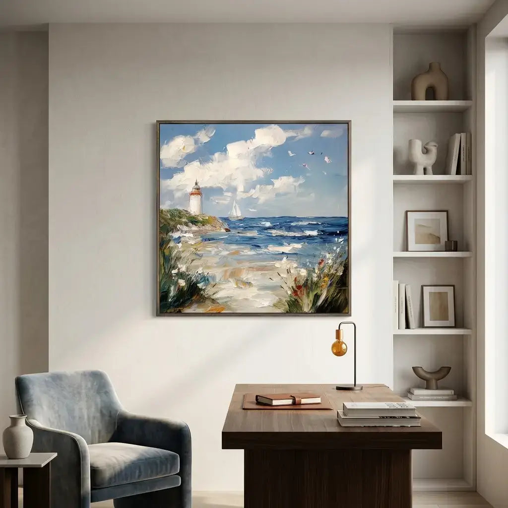 Framed painting of a lighthouse on a wall above a desk in a home office.