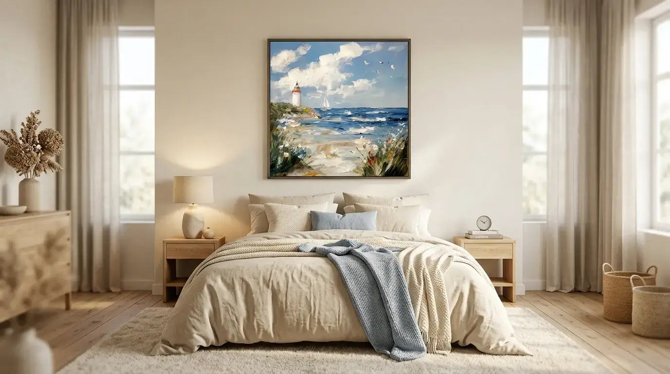 Cozy bedroom with a bed, side tables, and a painting of a beach scene on the wall.