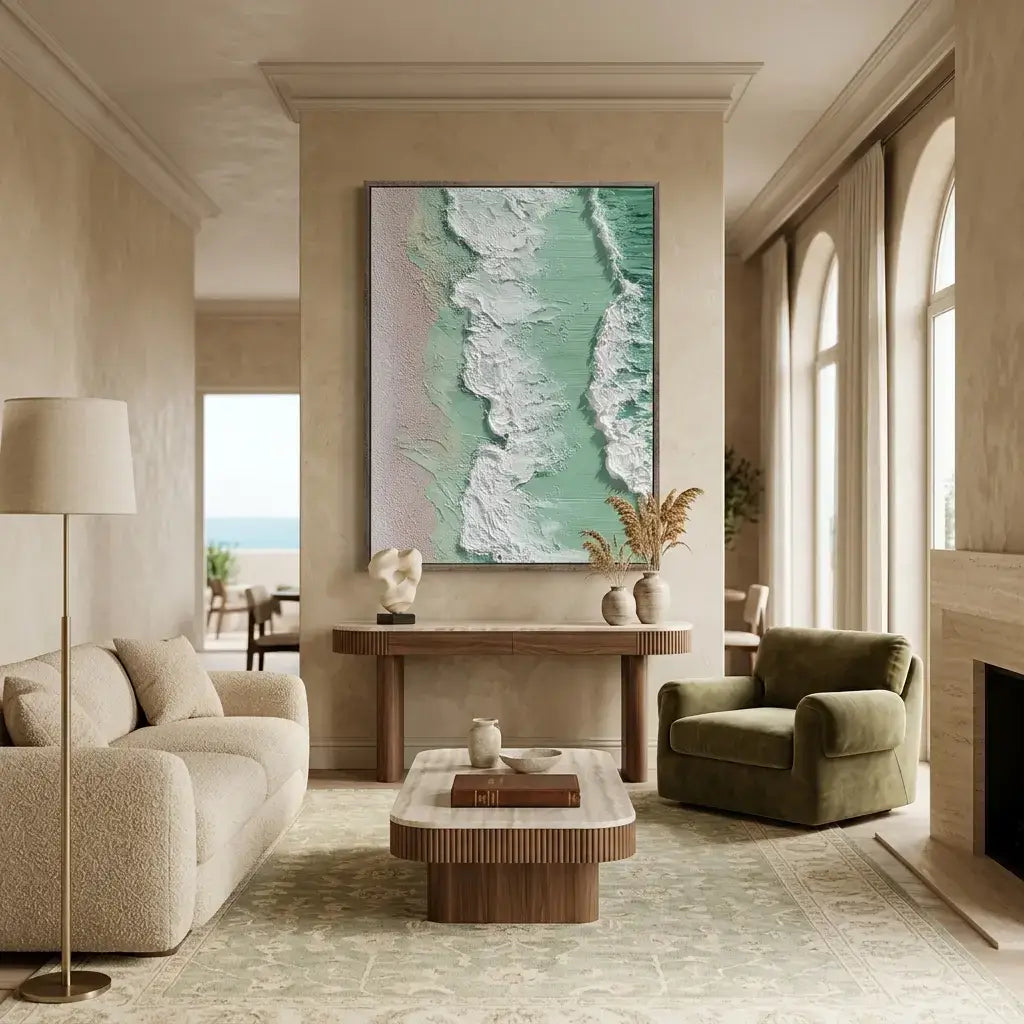 Modern living room with a large abstract painting on the wall, beige sofa, and green armchair.