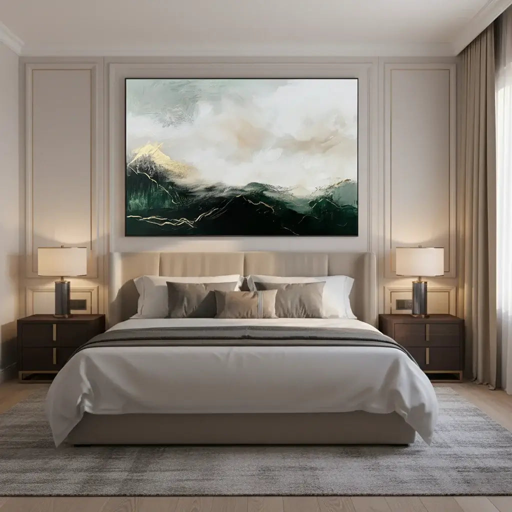 Modern bedroom with a large abstract painting above the bed