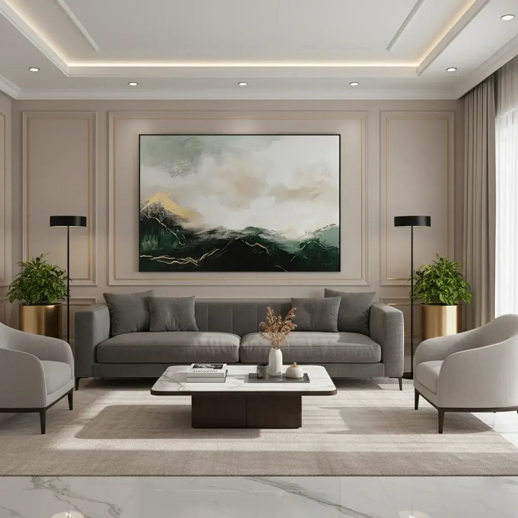 Modern living room with gray sofa, coffee table, and wall art