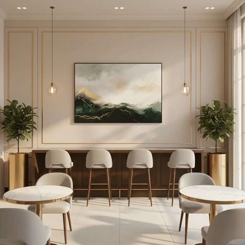 Modern interior design with chairs, tables, and a painting on the wall.