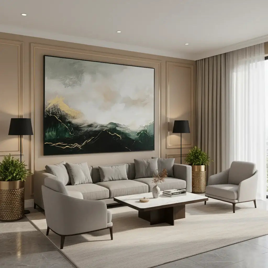 Modern living room with gray sofa, armchairs, and a large abstract painting on the wall.