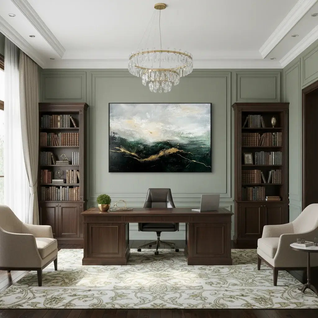 Modern office interior with a desk, chairs, bookshelves, and a painting on the wall.