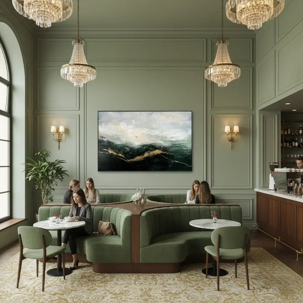 Luxurious restaurant interior with green walls, chandeliers, and patrons dining.