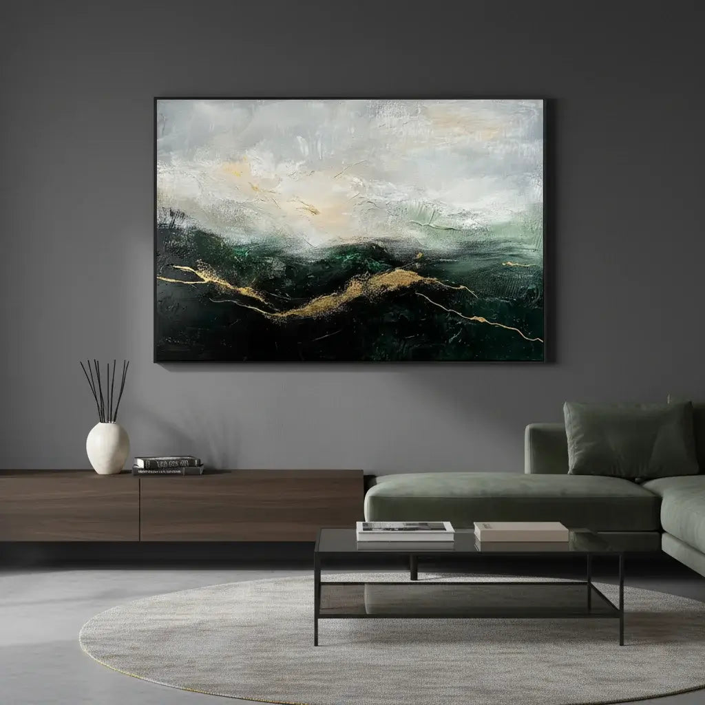 Modern living room with abstract painting on the wall, gray sofa, and wooden sideboard.