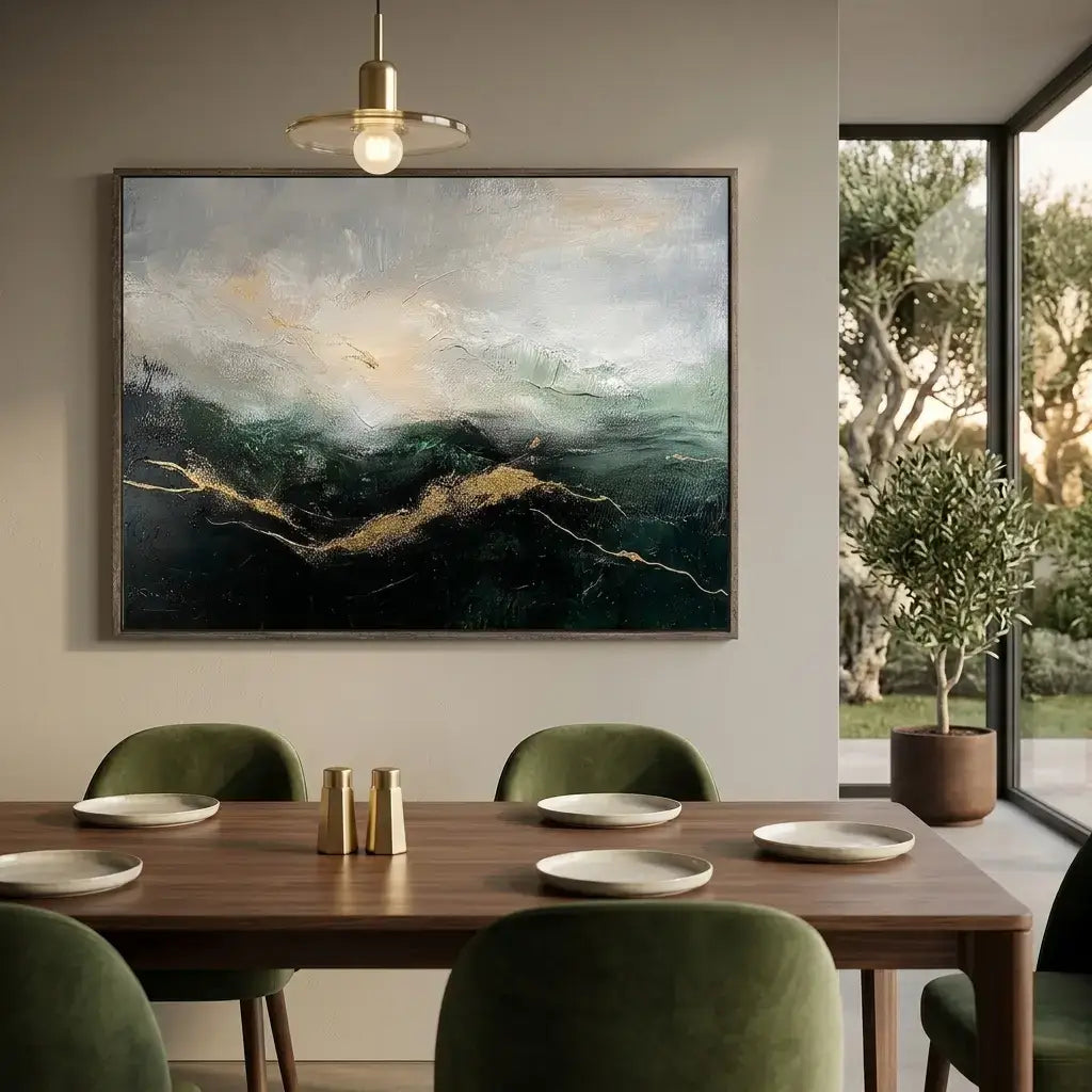 Dining room with a large abstract painting on the wall, wooden table, and green chairs.