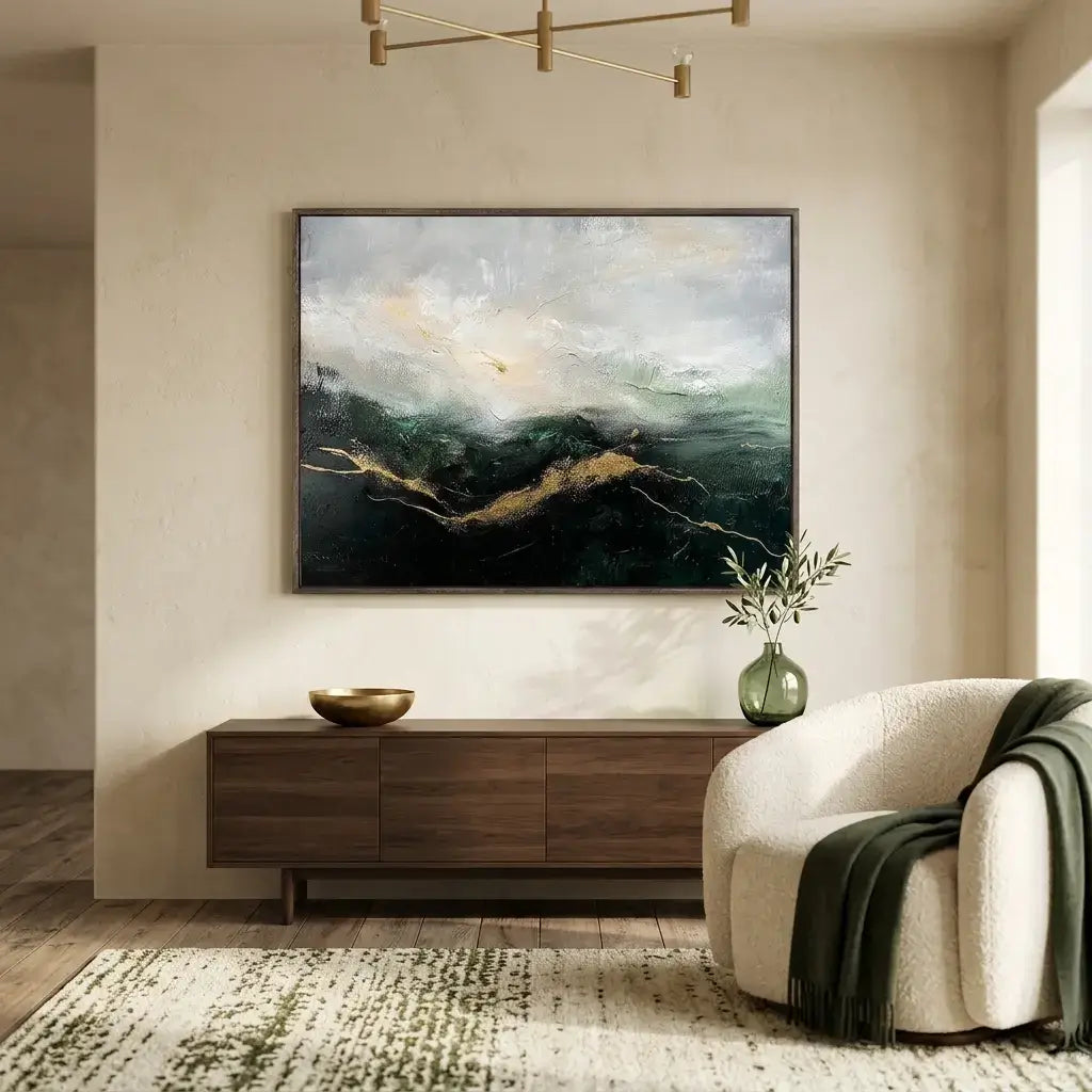 Modern living room with a large abstract painting, wooden sideboard, and white armchair.