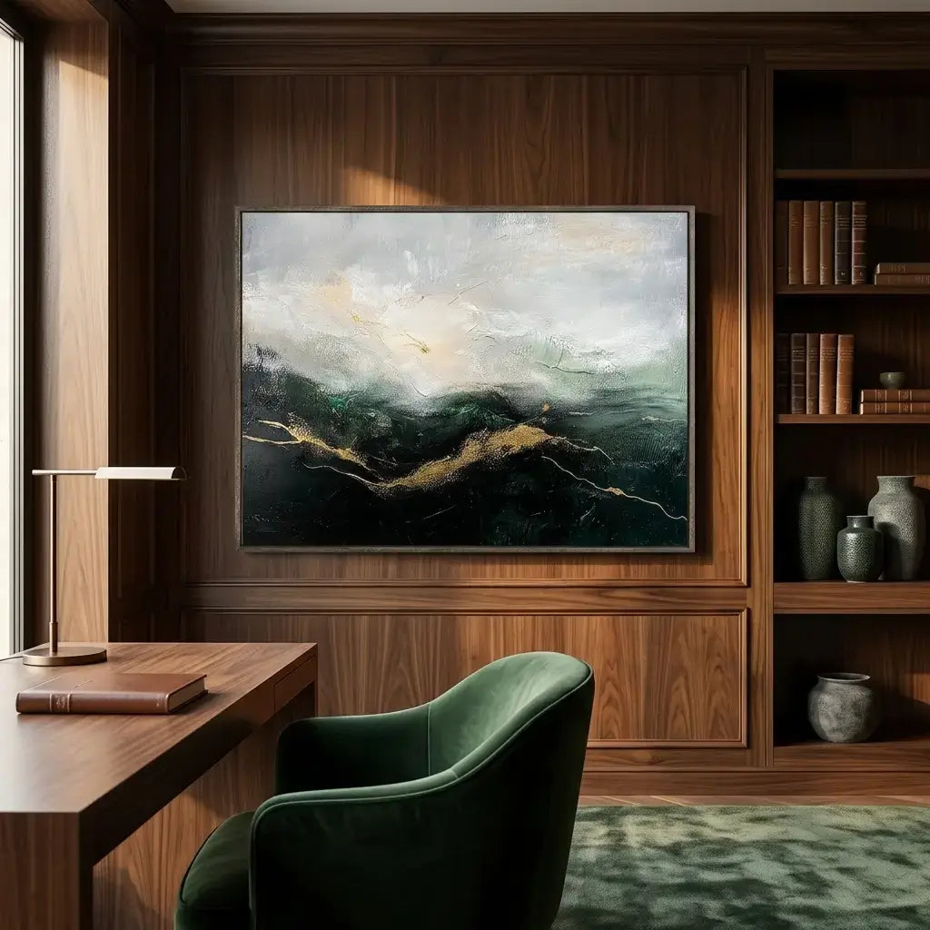 Modern office interior with a large abstract painting on the wall, wooden desk, and green chair.