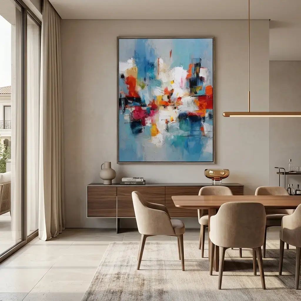 Modern dining room with abstract art on the wall