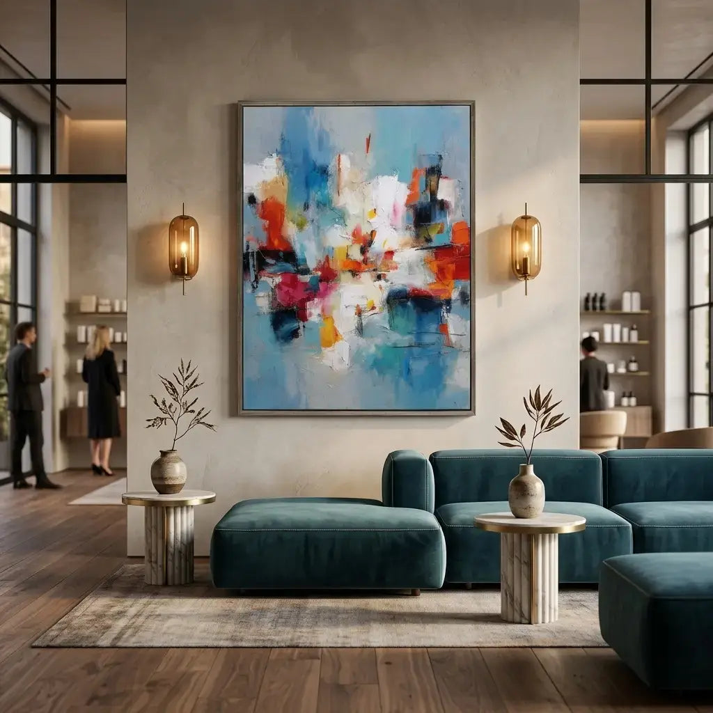 Modern living room with a blue sofa, abstract painting, and decorative elements.