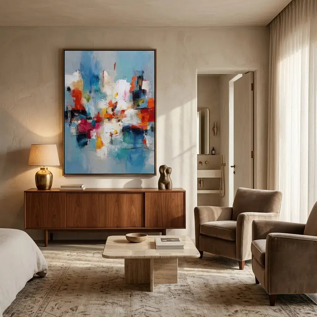 Modern living room with abstract art, wooden sideboard, and armchairs.
