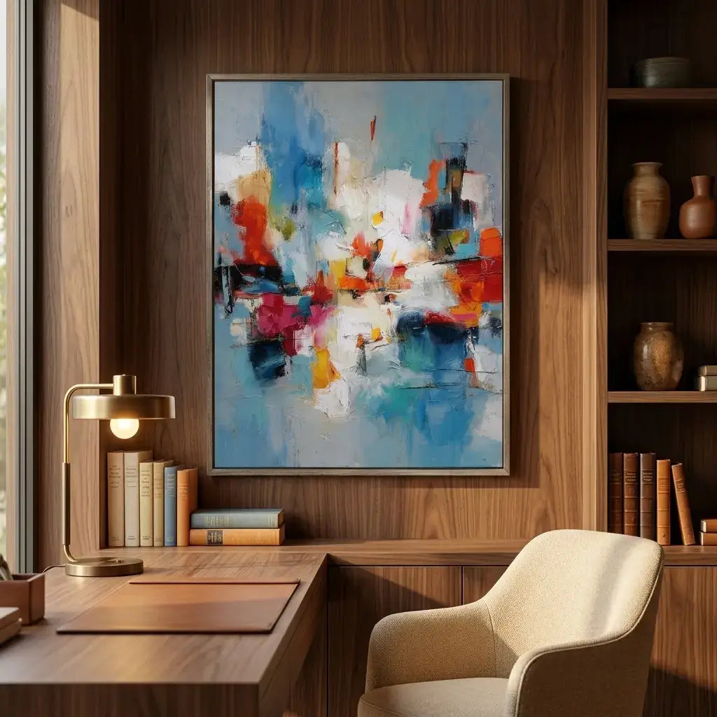 Modern office interior with a colorful abstract painting on a wooden wall.
