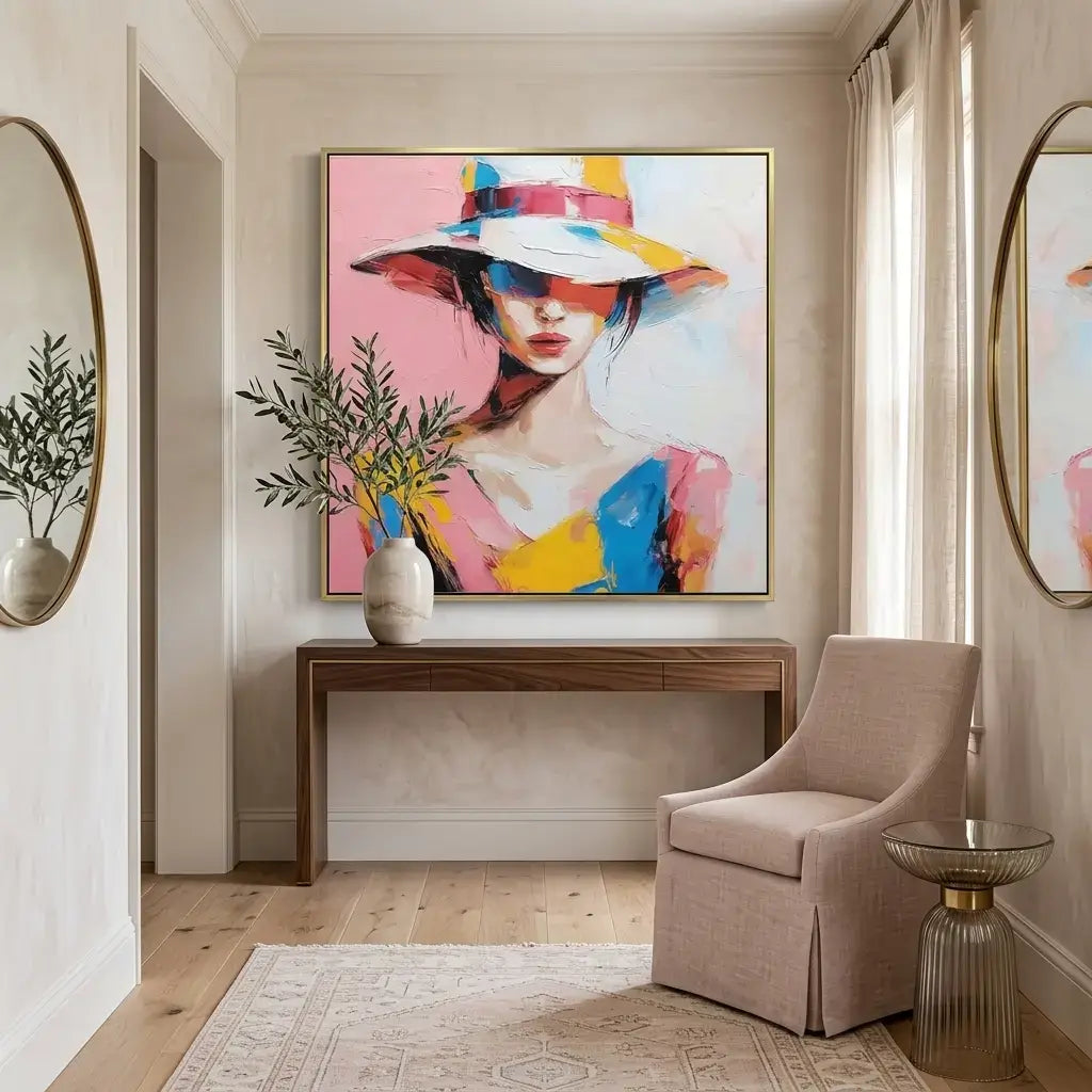 Modern interior with abstract art, console table, and chair.