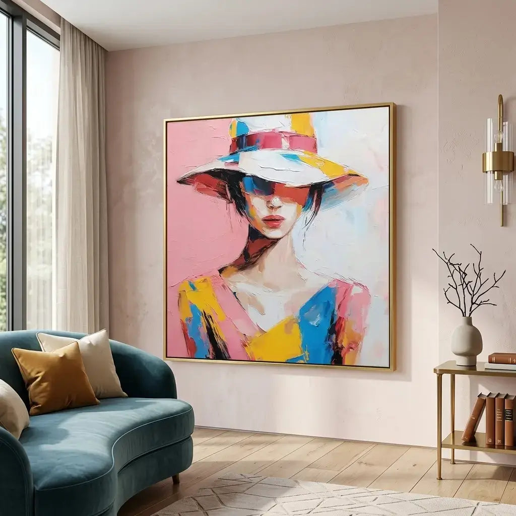 Colorful abstract painting of a woman wearing a hat in a modern living room.