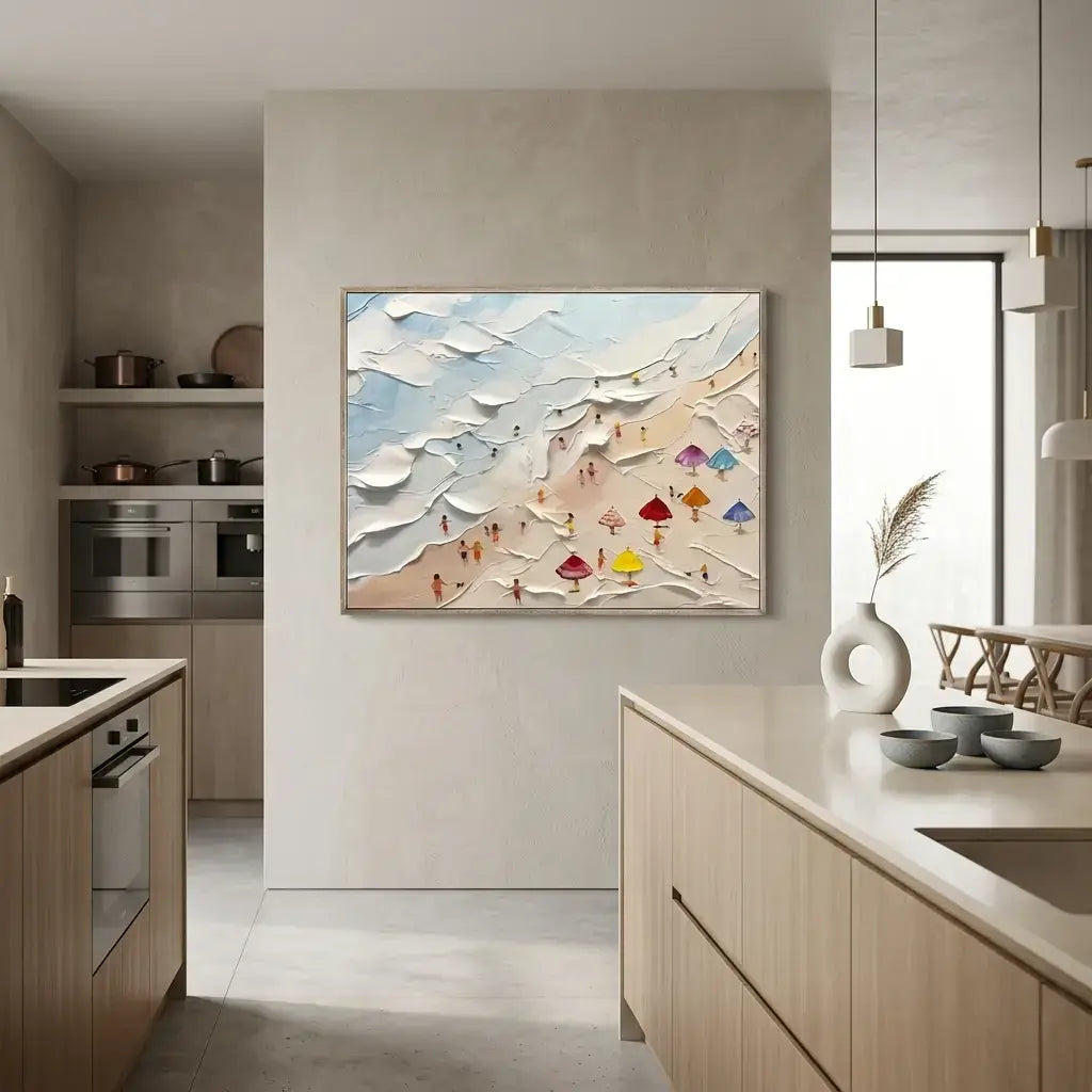 Modern kitchen with abstract art on the wall