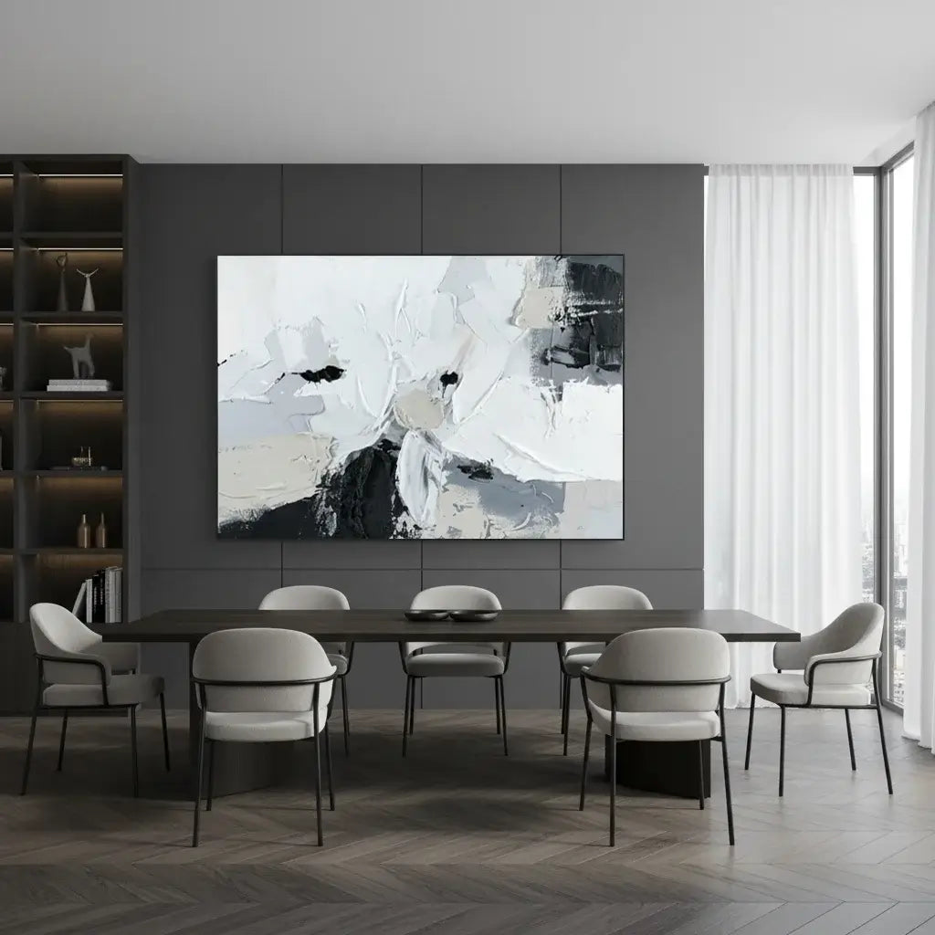 Modern dining room with abstract art on the wall