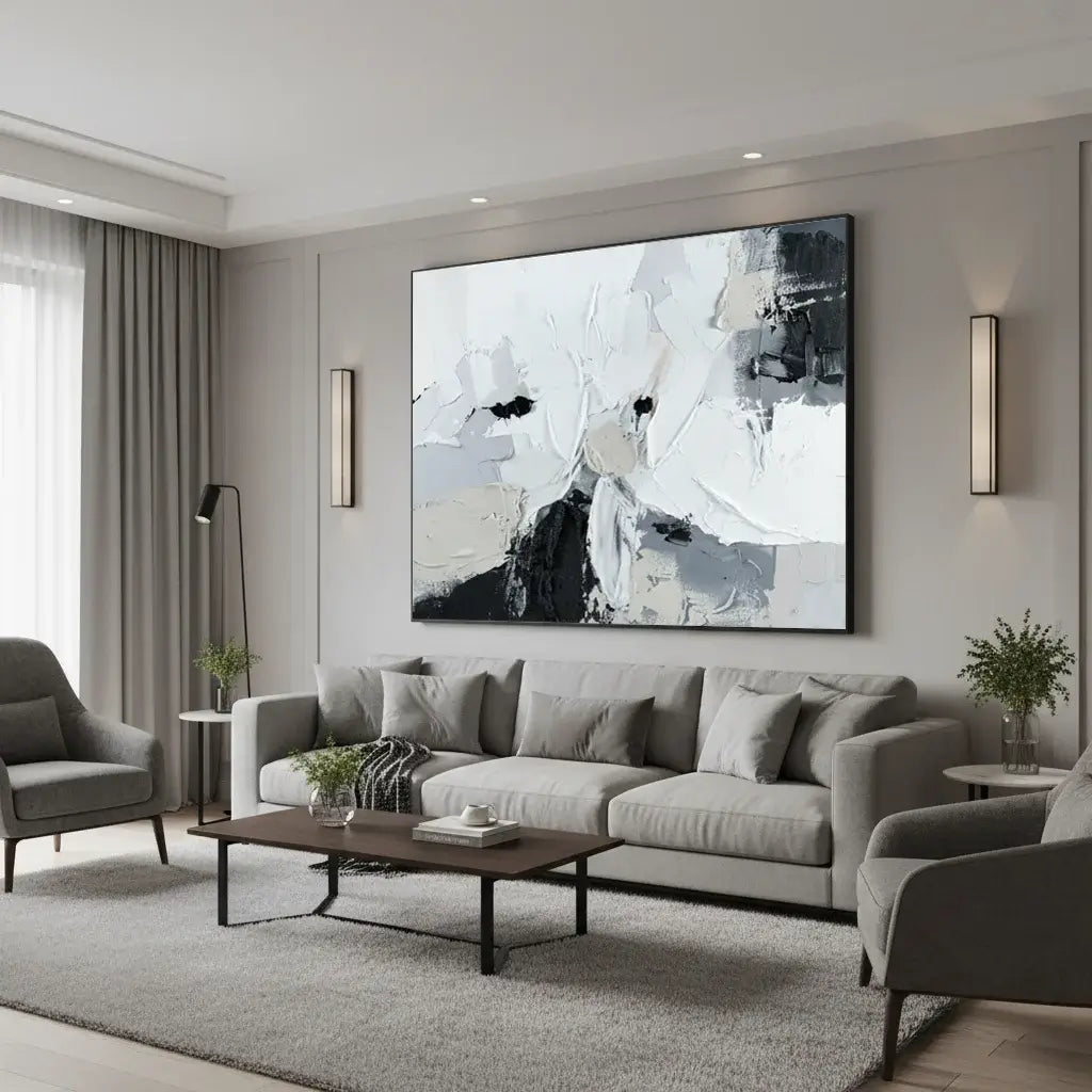 Modern living room with gray sofa, abstract art, and decorative elements.