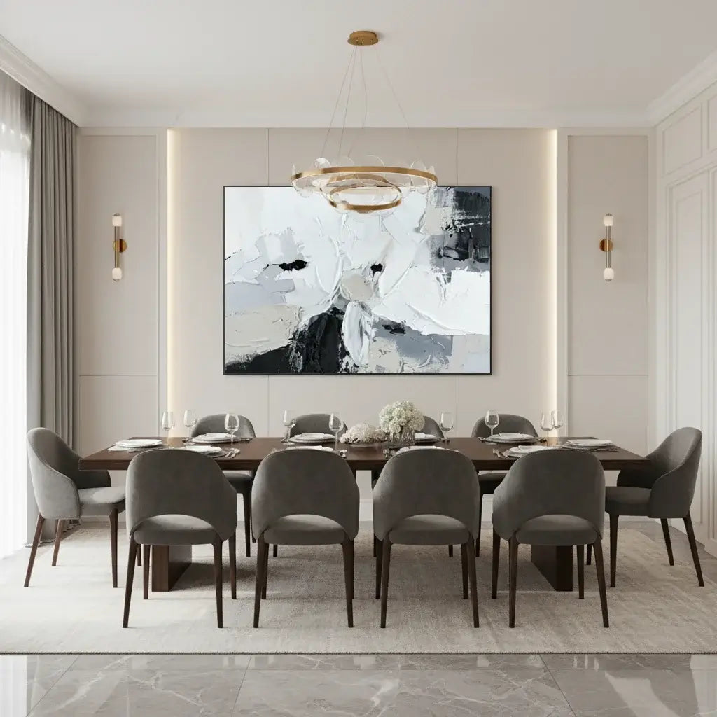 Modern dining room with a large abstract painting on the wall, gray chairs, and a wooden table.