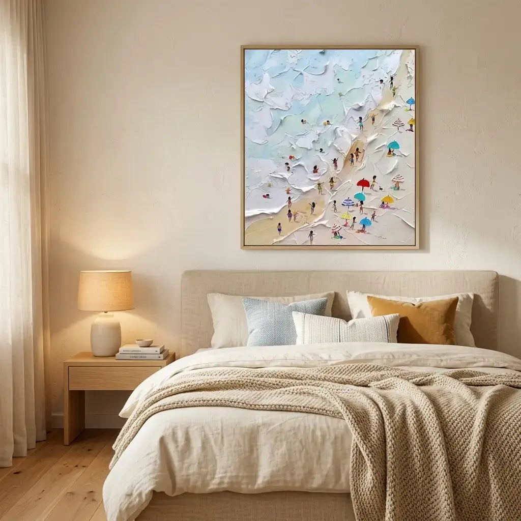 Bedroom with a bed, nightstand, and abstract beach scene painting on the wall.
