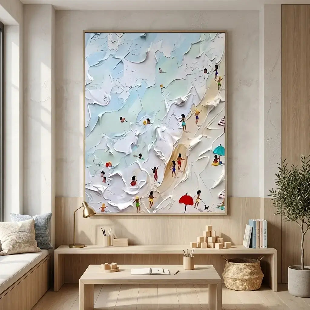 Abstract artwork of a beach scene with people in a modern living room.